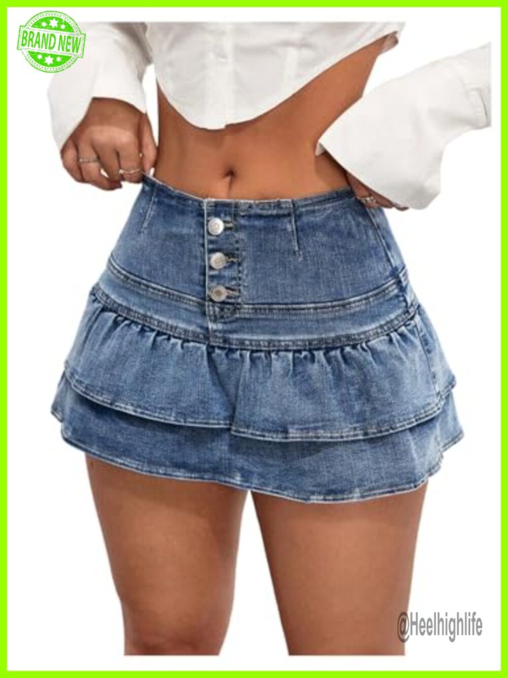 High Waist Button Up Ruffle Denim Mini Skirt with Shorts
